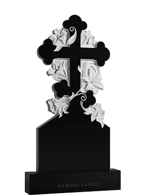 Православный памятник из черного гранита с цветочным орнаментом